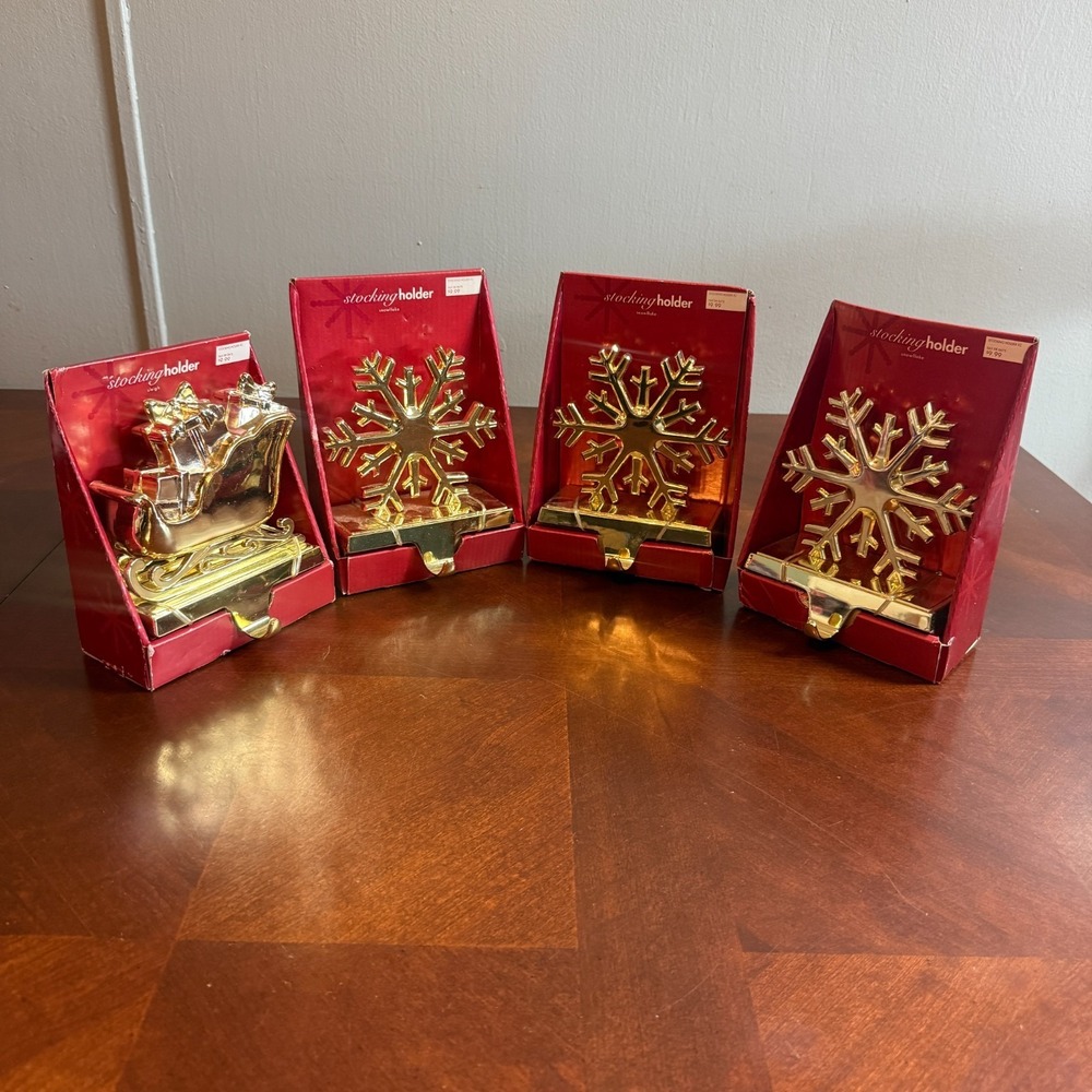4 Gold‎ Christmas Stocking Holders Lot Sleigh Snowflake Holiday Mantel Hangers